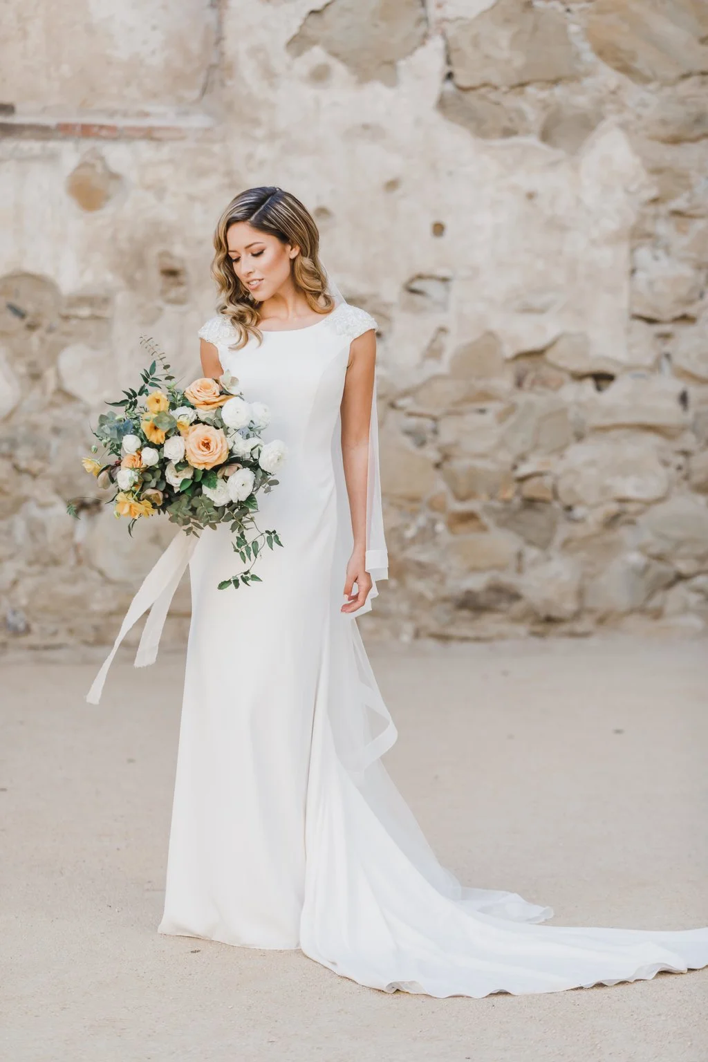 Garden romantic bridal bouquet with trailing greens | Mission San Juan Capistrano | Compass Floral | Wedding Florist in San Diego and Southern California | Jessica Jaccarino Photography