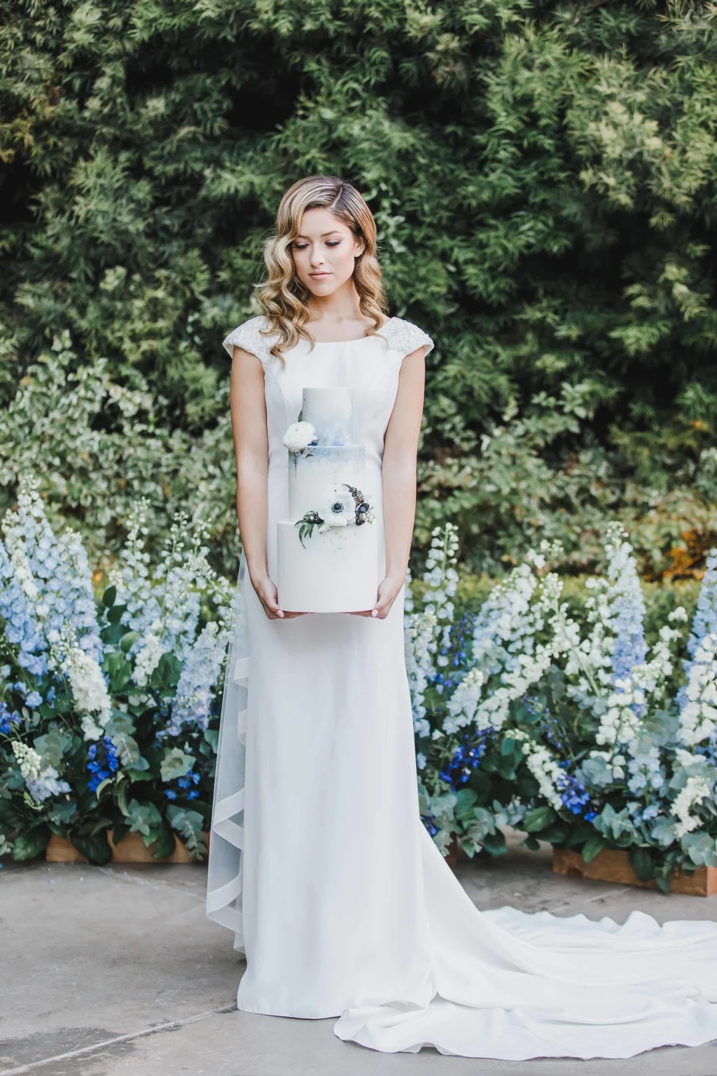 Blue and white watercolor wedding cake | Mission San Juan Capistrano | Compass Floral | Wedding Florist in San Diego and Southern California | Jessica Jaccarino Photography