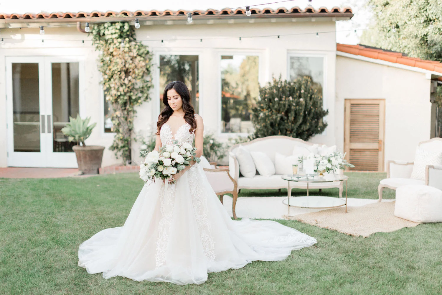 Calla Blanche couture wedding dress | The Inn at Rancho Santa Fe | Compass Floral | Wedding Florist in San Diego and Southern California | Devon Donnahoo Photography