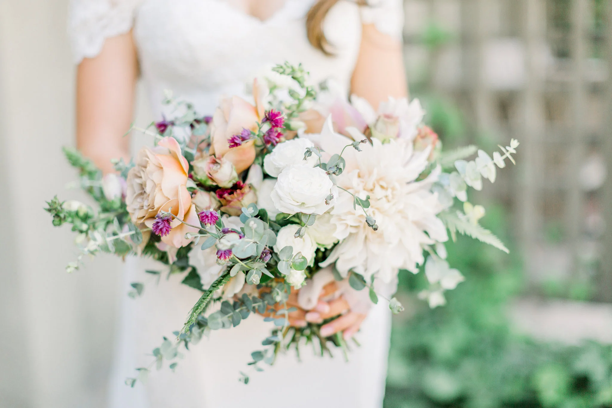Elegant, romantic dahlia and rose bridal bouquet | Temecula Creek Inn | Compass Floral | Wedding Florist in San Diego and Southern California | Pauline Conway Photography