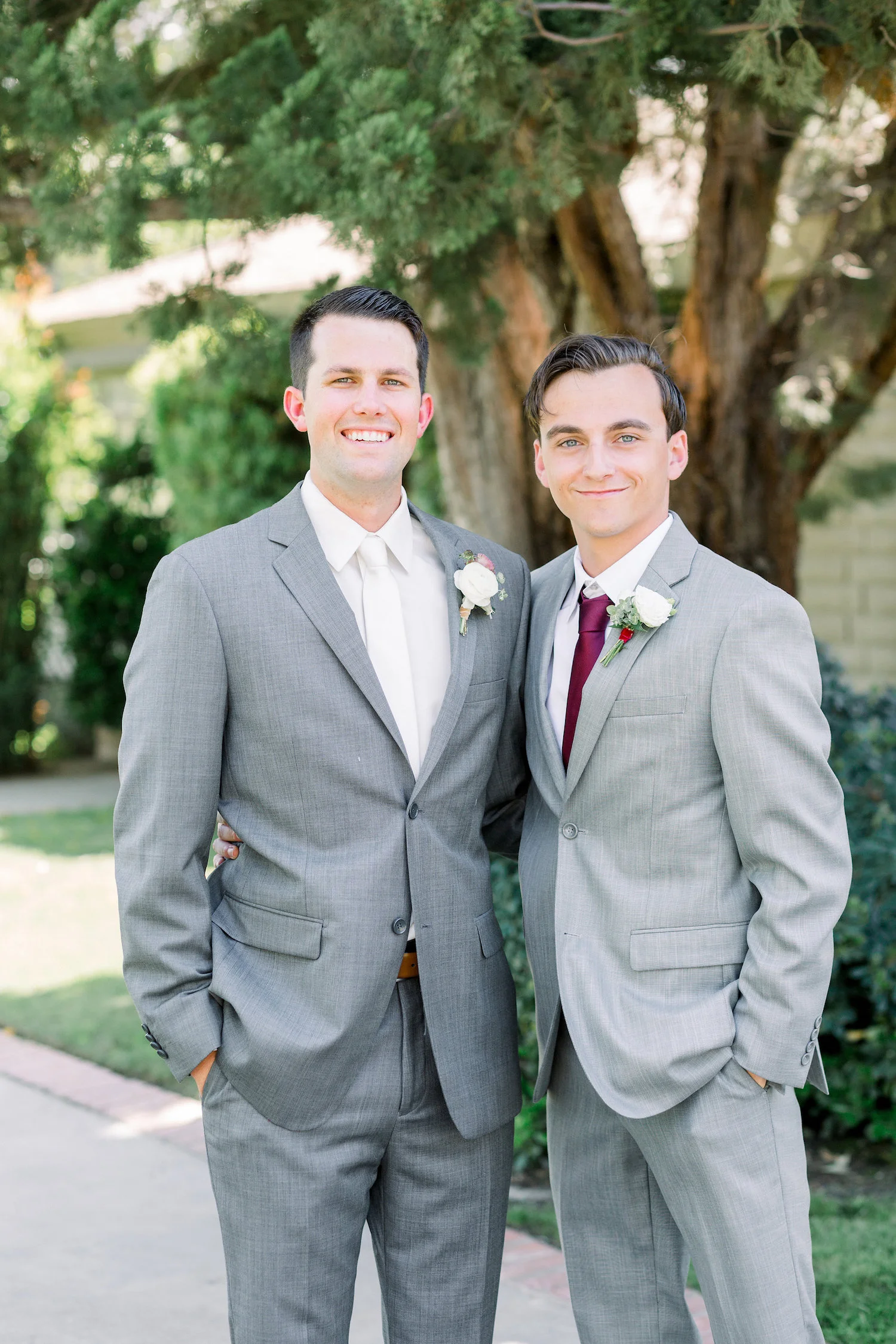 Groom and groomsmen in gray suits, burgundy ties | Temecula Creek Inn | Compass Floral | Wedding Florist in San Diego and Southern California | Pauline Conway Photography