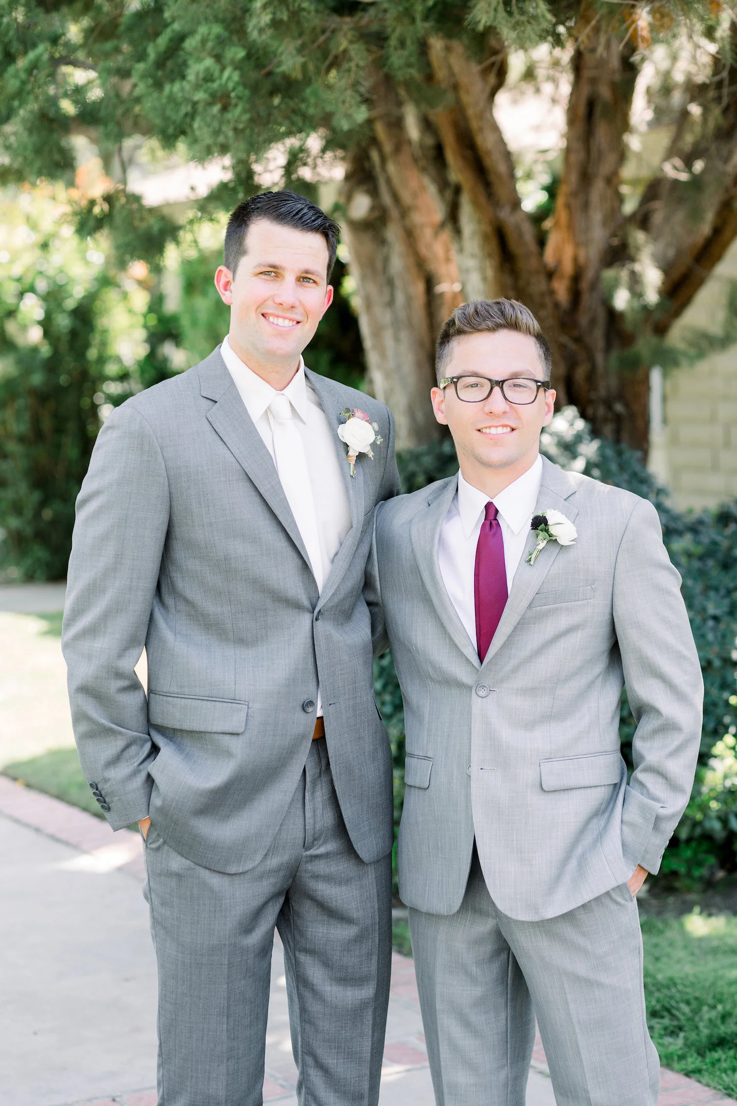 Groom and groomsmen in gray suits, burgundy ties | Temecula Creek Inn | Compass Floral | Wedding Florist in San Diego and Southern California | Pauline Conway Photography