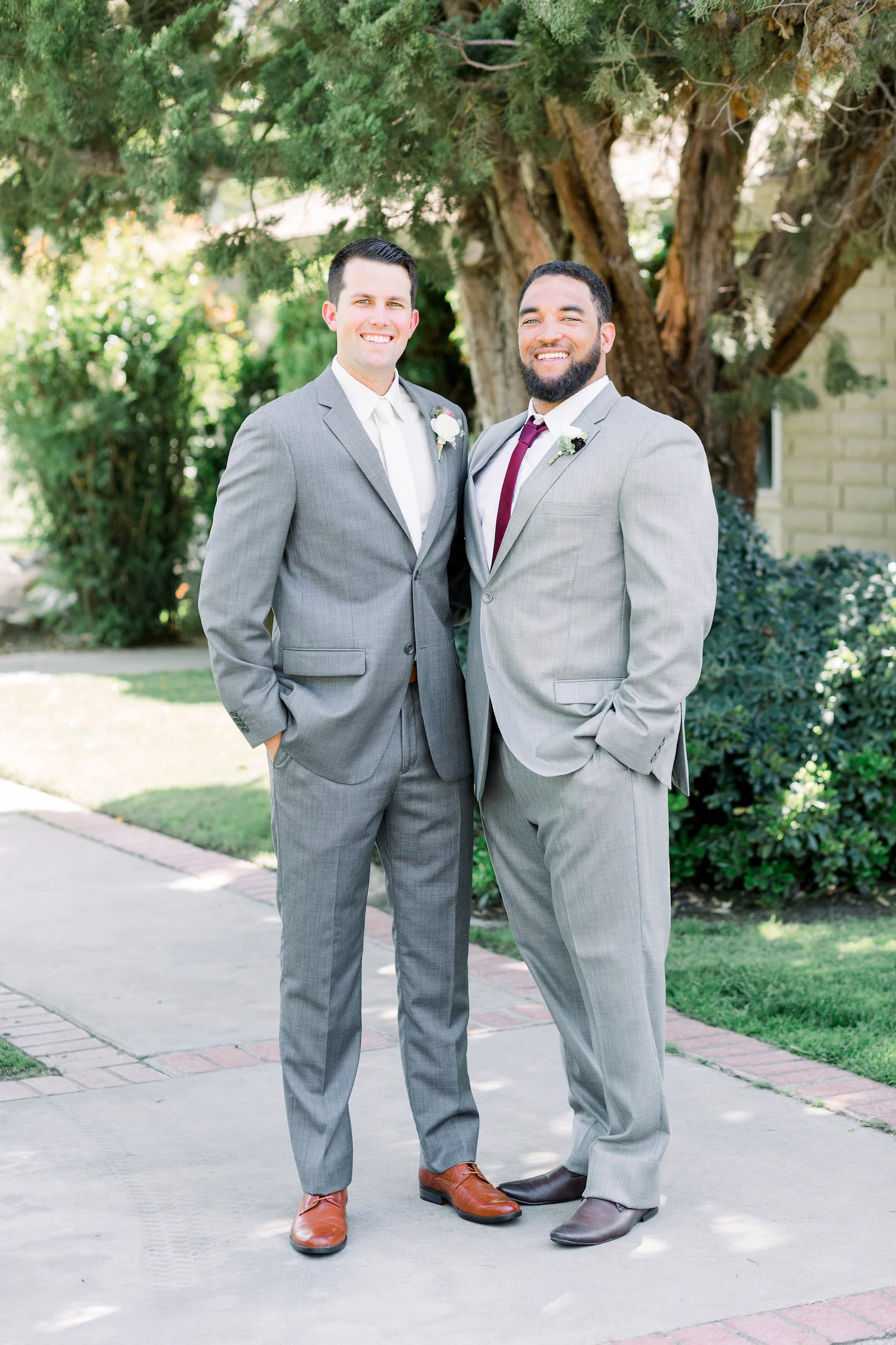Groom and groomsmen in gray suits, burgundy ties | Temecula Creek Inn | Compass Floral | Wedding Florist in San Diego and Southern California | Pauline Conway Photography