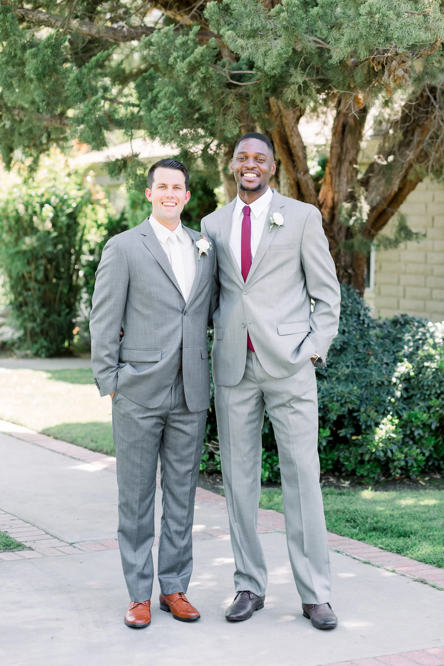 Groom and groomsmen in gray suits, burgundy ties | Temecula Creek Inn | Compass Floral | Wedding Florist in San Diego and Southern California | Pauline Conway Photography
