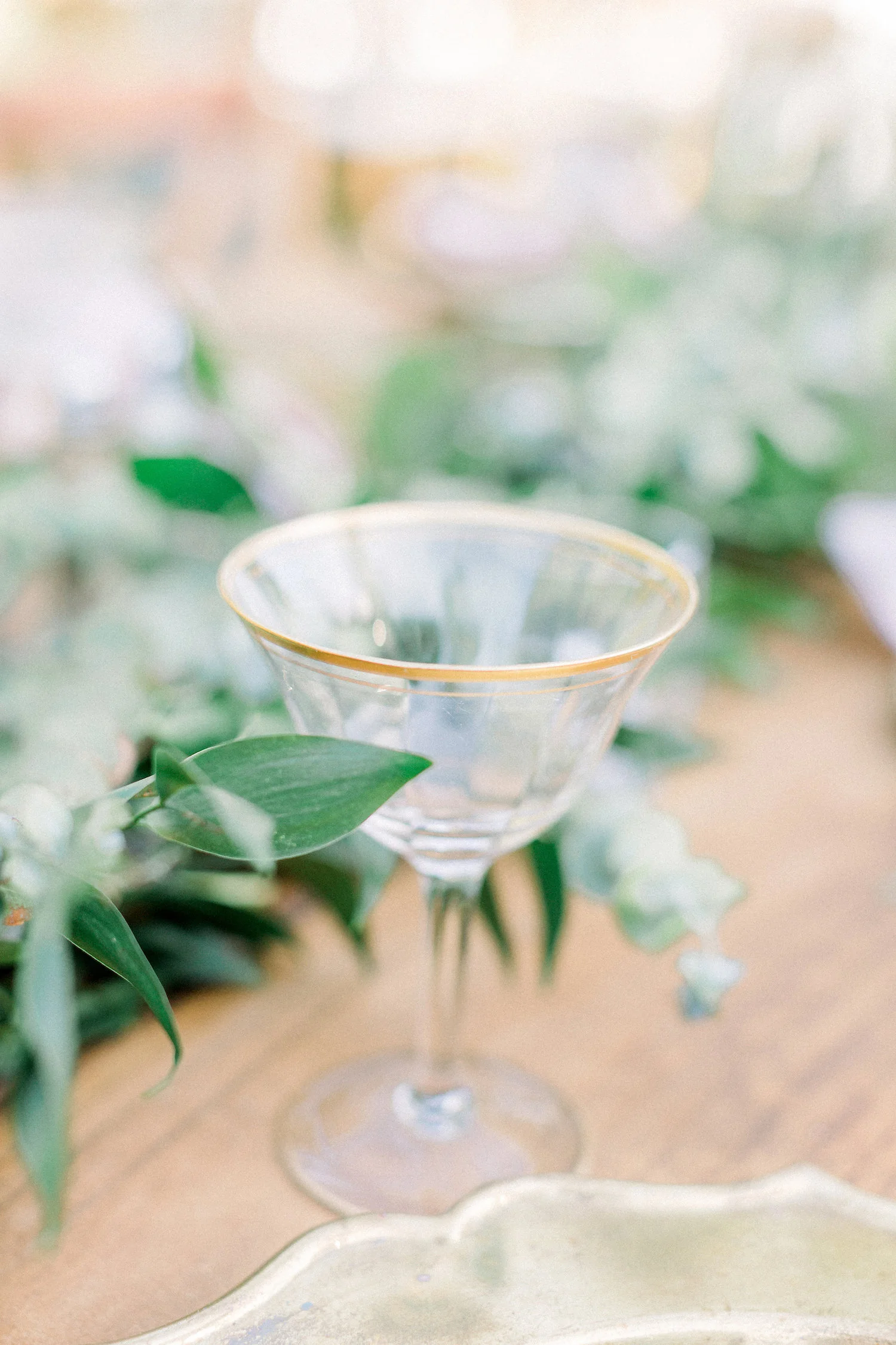 Gold rimmed wedding glass | Temecula Creek Inn | Compass Floral | Wedding Florist in San Diego and Southern California | Pauline Conway Photography
