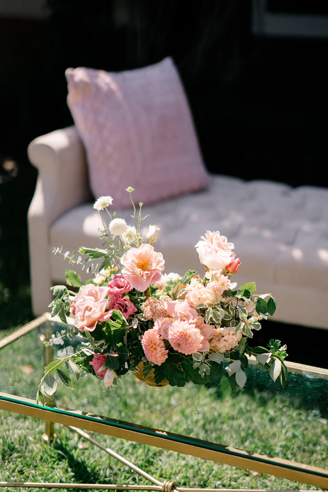 Wedding cocktail hour lounge centerpiece | The Inn at Rancho Santa Fe | Compass Floral | Wedding Florist in San Diego and Southern California | Shane and Lauren Photography