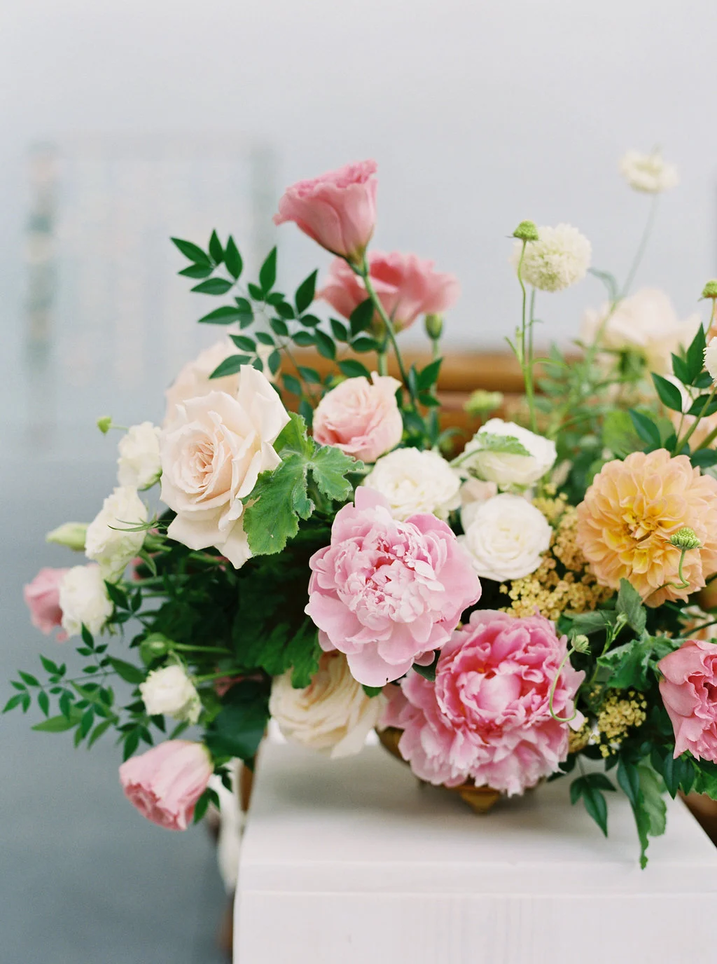 Pink peony, peach dahlia and rose wedding flowers | The New Children’s Museum | Compass Floral | Wedding Florist in San Diego and Southern California | Meiwen Wang Photography