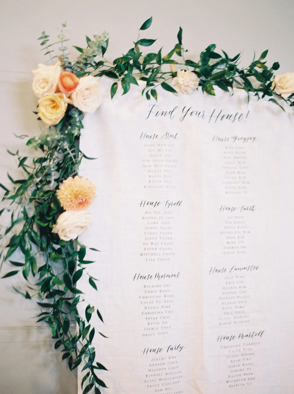 Game of Thrones wedding seating chart with floral garland | The New Children’s Museum | Compass Floral | Wedding Florist in San Diego and Southern California | Meiwen Wang Photography
