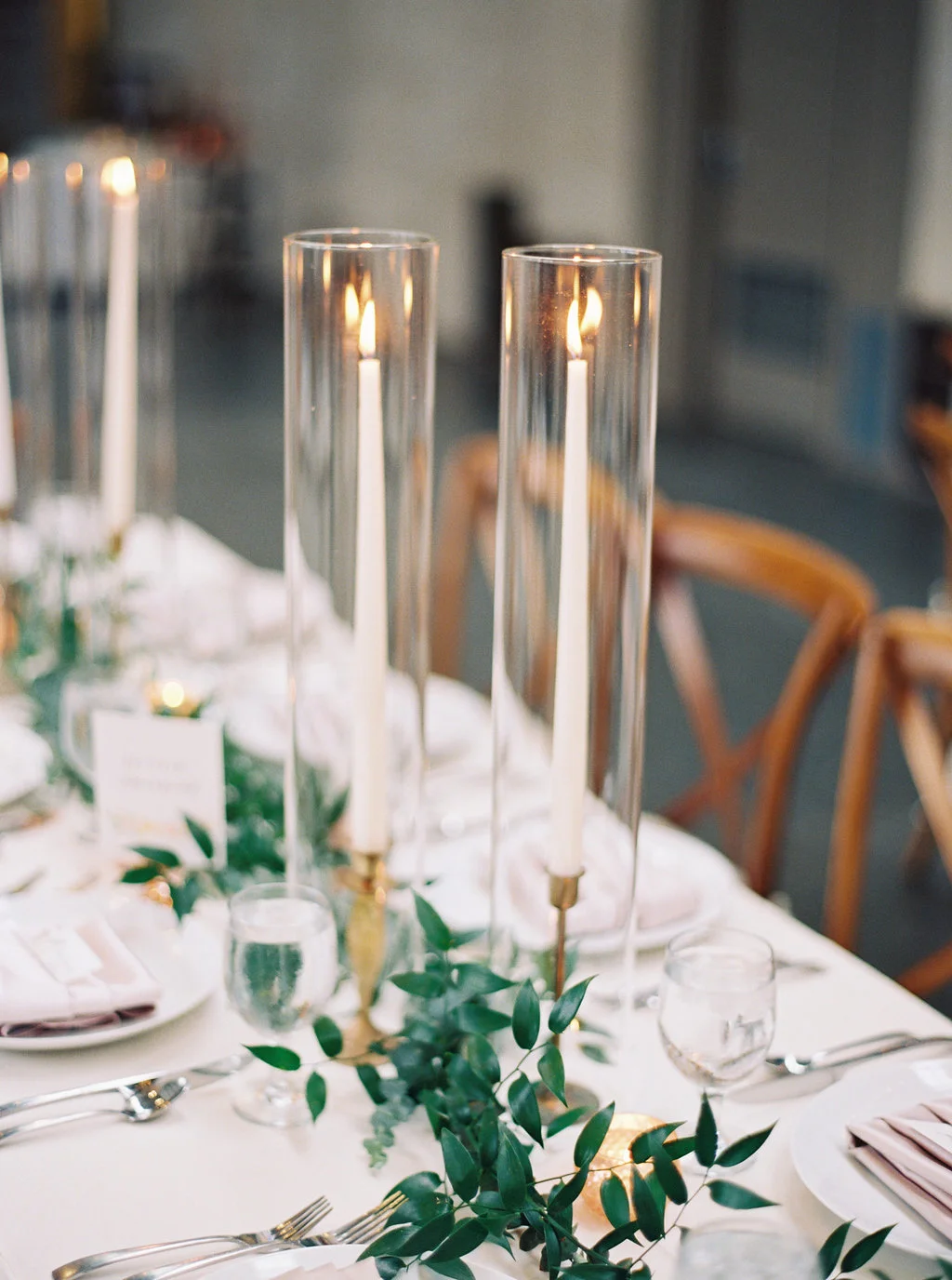 Taper candle and loose greens centerpiece | The New Children’s Museum | Compass Floral | Wedding Florist in San Diego and Southern California | Meiwen Wang Photography
