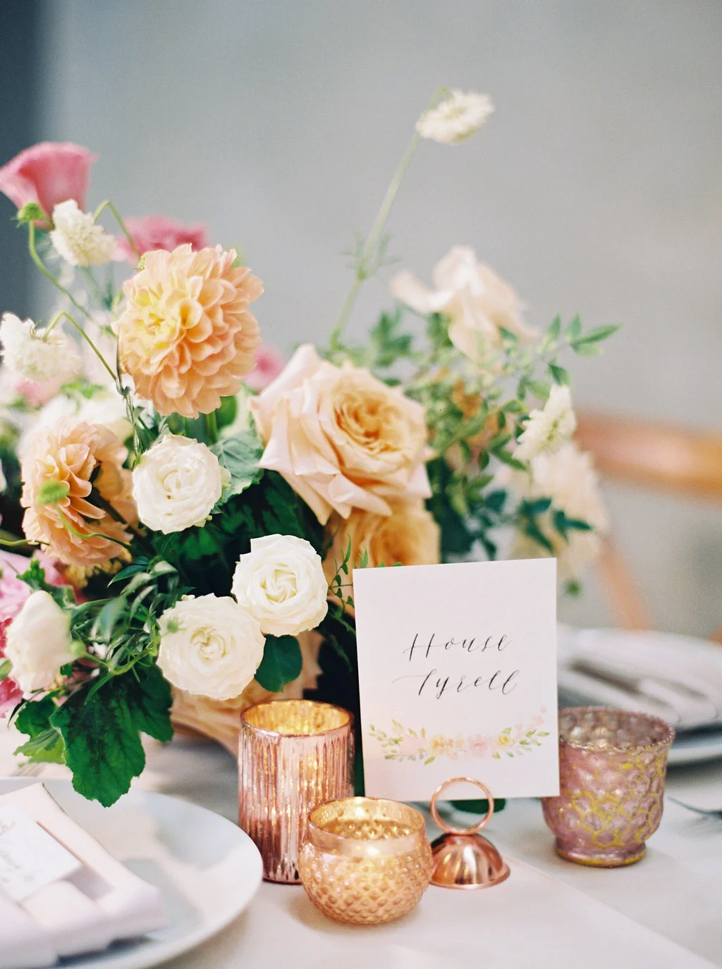 Dahlia and rose wedding centerpiece with metallic votive candles | The New Children’s Museum | Compass Floral | Wedding Florist in San Diego and Southern California | Meiwen Wang Photography