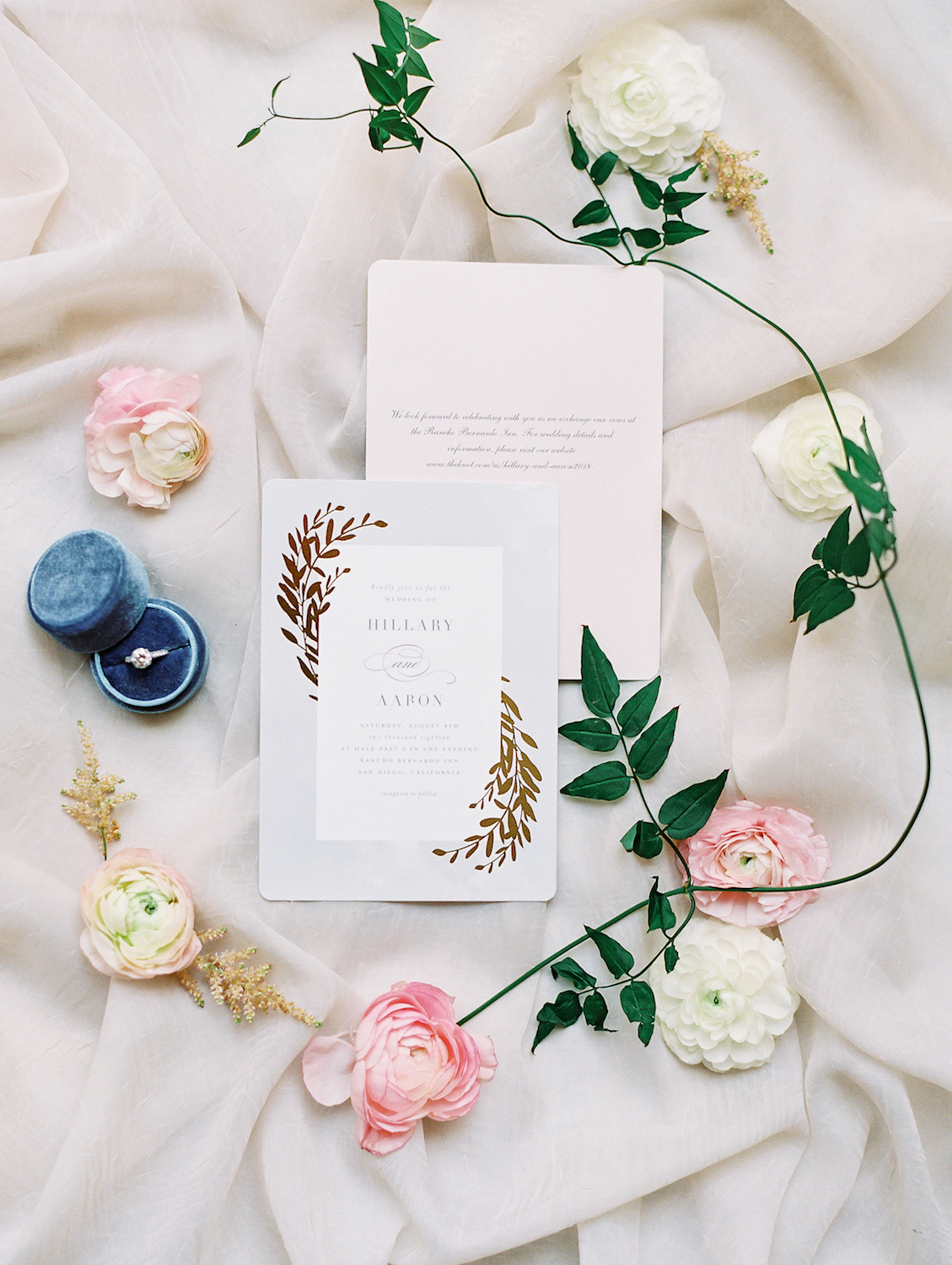 Gold embossed wedding invitation | Rancho Bernardo Inn | Compass Floral | Wedding Florist in San Diego and Southern California | Dear Lovers Photography