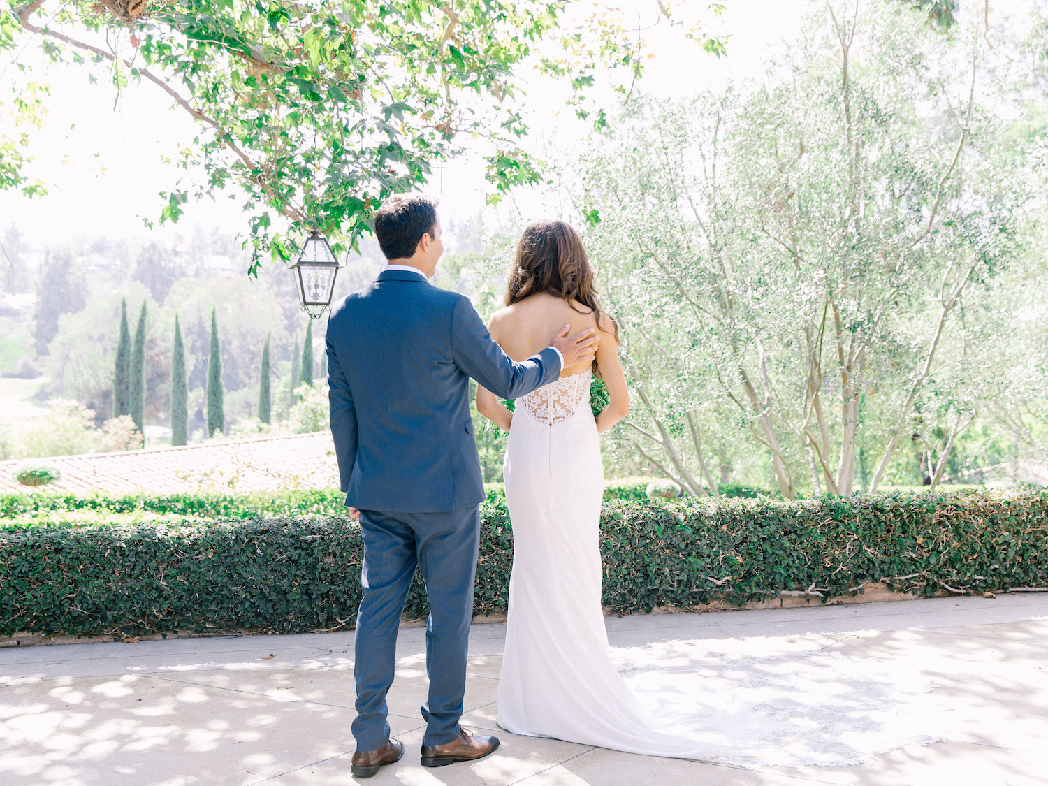 Outdoor garden bride and groom first look | Rancho Bernardo Inn | Compass Floral | Wedding Florist in San Diego and Southern California | Dear Lovers Photography