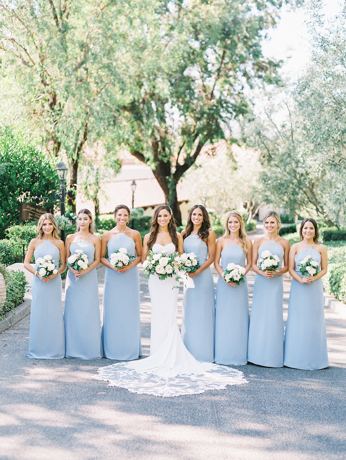 Light blue bridesmaid dresses with white flowers | Rancho Bernardo Inn | Compass Floral | Wedding Florist in San Diego and Southern California | Dear Lovers Photography