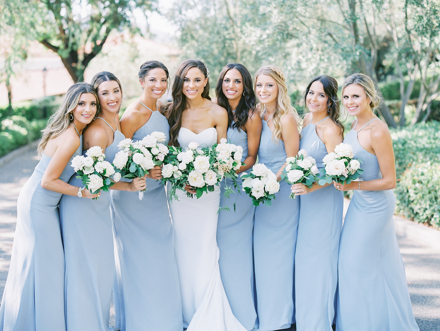 Light blue bridesmaid dresses with white flowers | Rancho Bernardo Inn | Compass Floral | Wedding Florist in San Diego and Southern California | Dear Lovers Photography