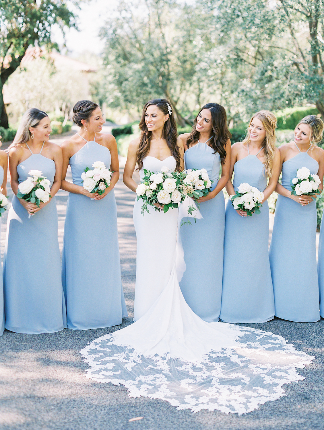 Light blue bridesmaid dresses with white flowers | Rancho Bernardo Inn | Compass Floral | Wedding Florist in San Diego and Southern California | Dear Lovers Photography