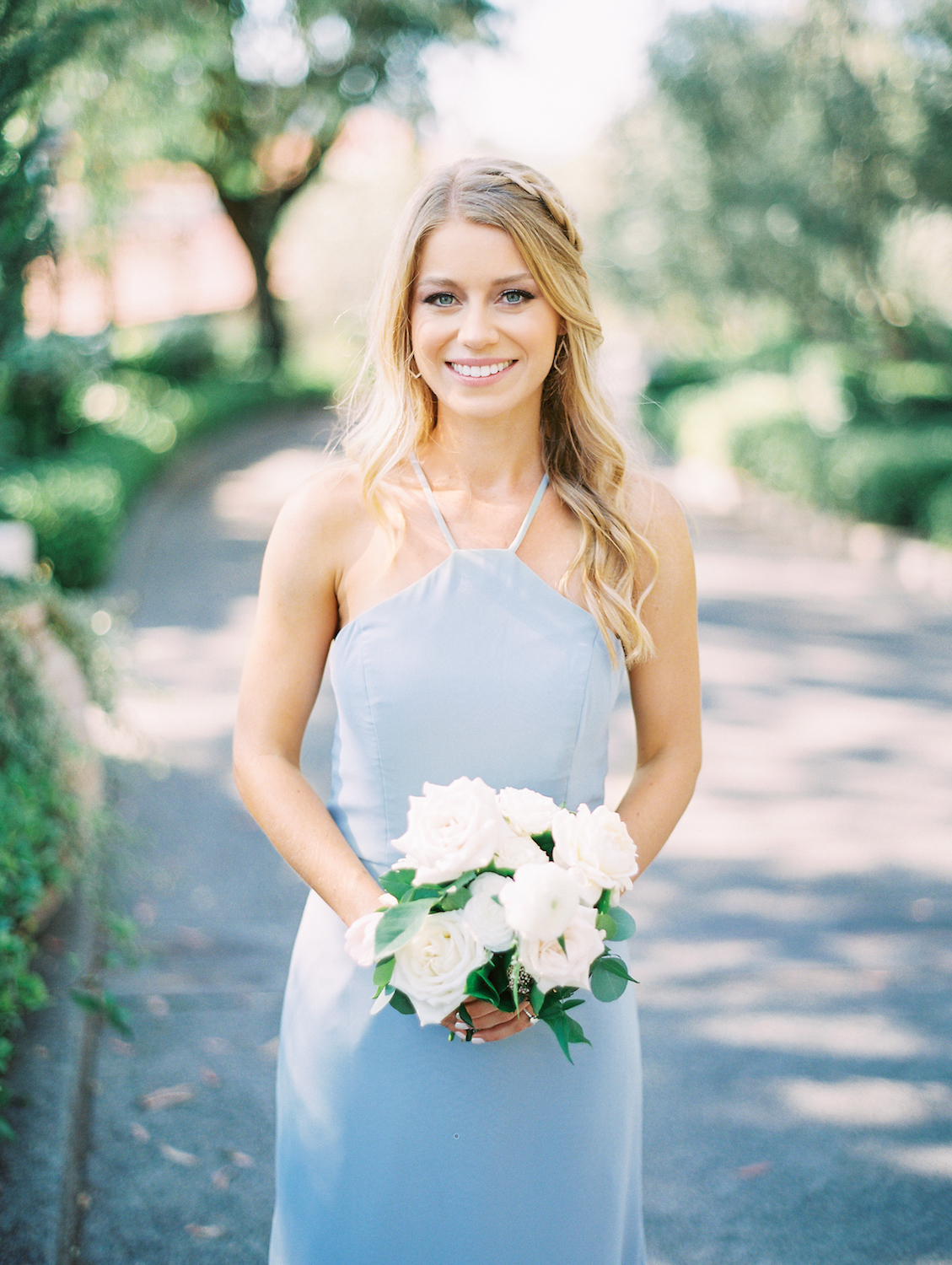 Bridesmaid in light blue dress with white flowers | Rancho Bernardo Inn | Compass Floral | Wedding Florist in San Diego and Southern California | Dear Lovers Photography