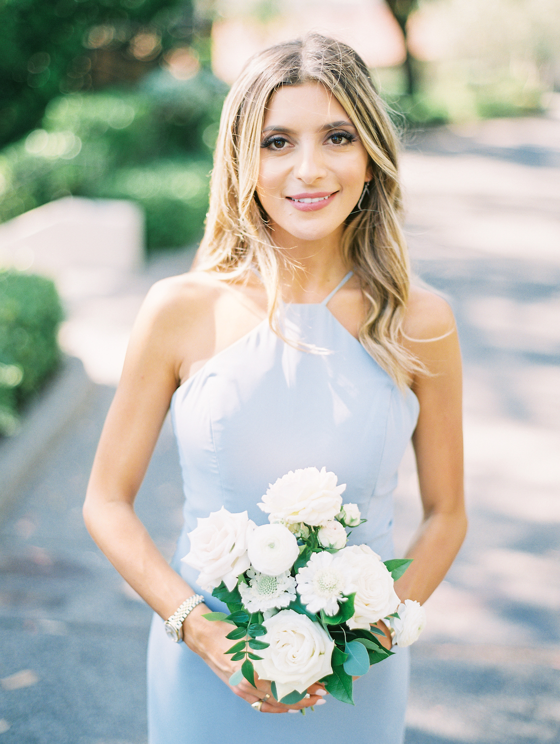 Bridesmaid in light blue dress with white flowers | Rancho Bernardo Inn | Compass Floral | Wedding Florist in San Diego and Southern California | Dear Lovers Photography
