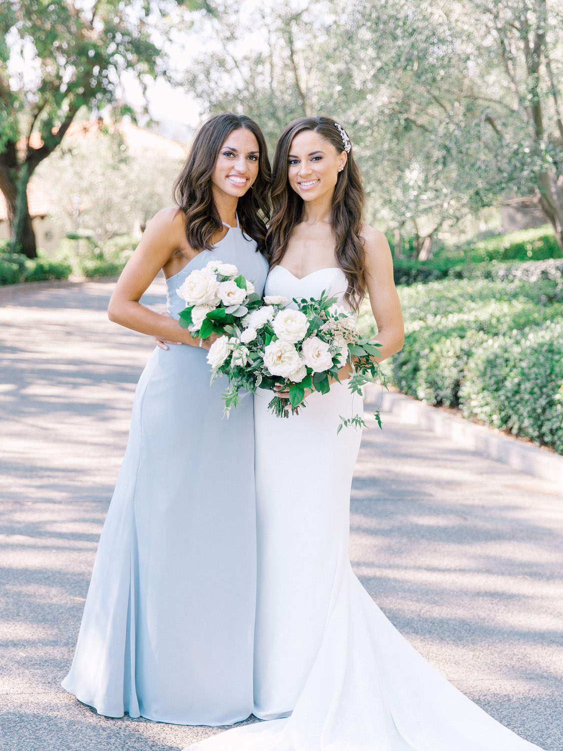 Outdoor bride and bridesmaid photos with white flowers | Rancho Bernardo Inn | Compass Floral | Wedding Florist in San Diego and Southern California | Dear Lovers Photography