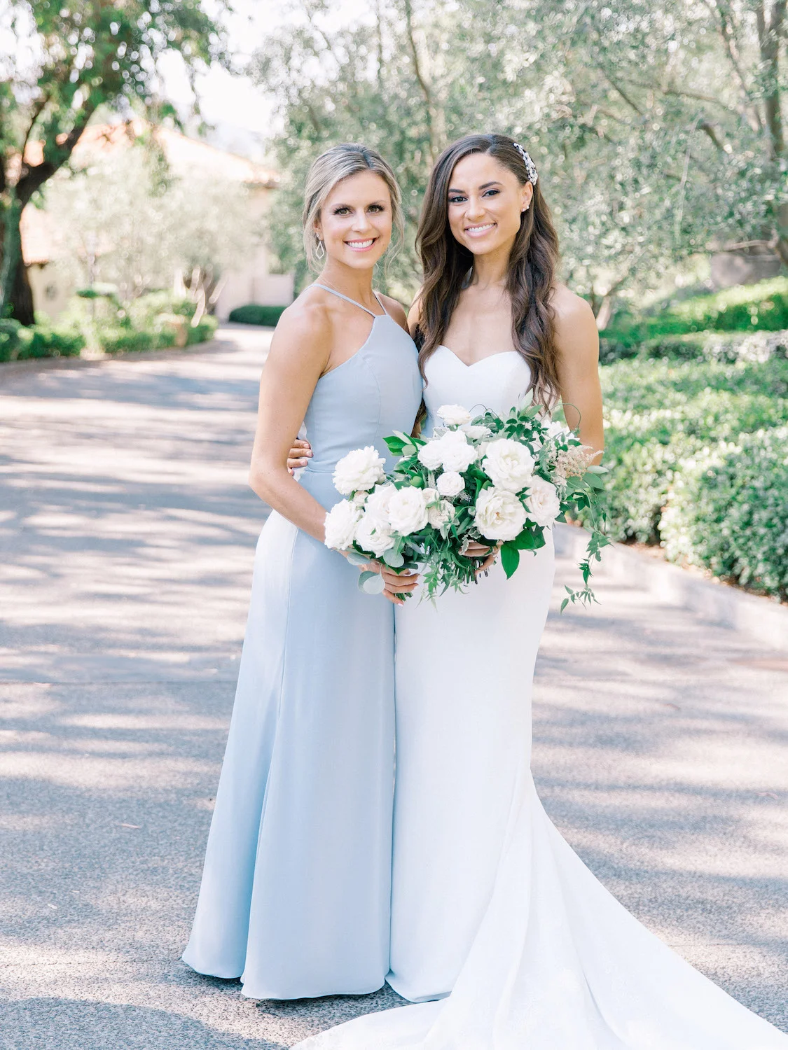 Outdoor bride and bridesmaid photos with white flowers | Rancho Bernardo Inn | Compass Floral | Wedding Florist in San Diego and Southern California | Dear Lovers Photography