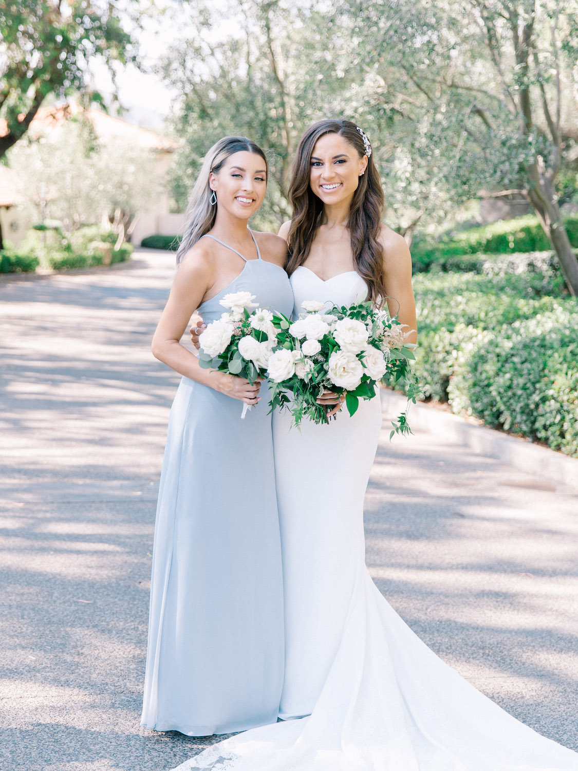 Outdoor bride and bridesmaid photos with white flowers | Rancho Bernardo Inn | Compass Floral | Wedding Florist in San Diego and Southern California | Dear Lovers Photography