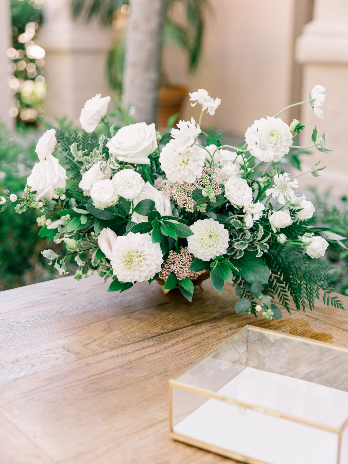 White rose dahlia and ranunculus wedding centerpiece | Rancho Bernardo Inn | Compass Floral | Wedding Florist in San Diego and Southern California | Dear Lovers Photography