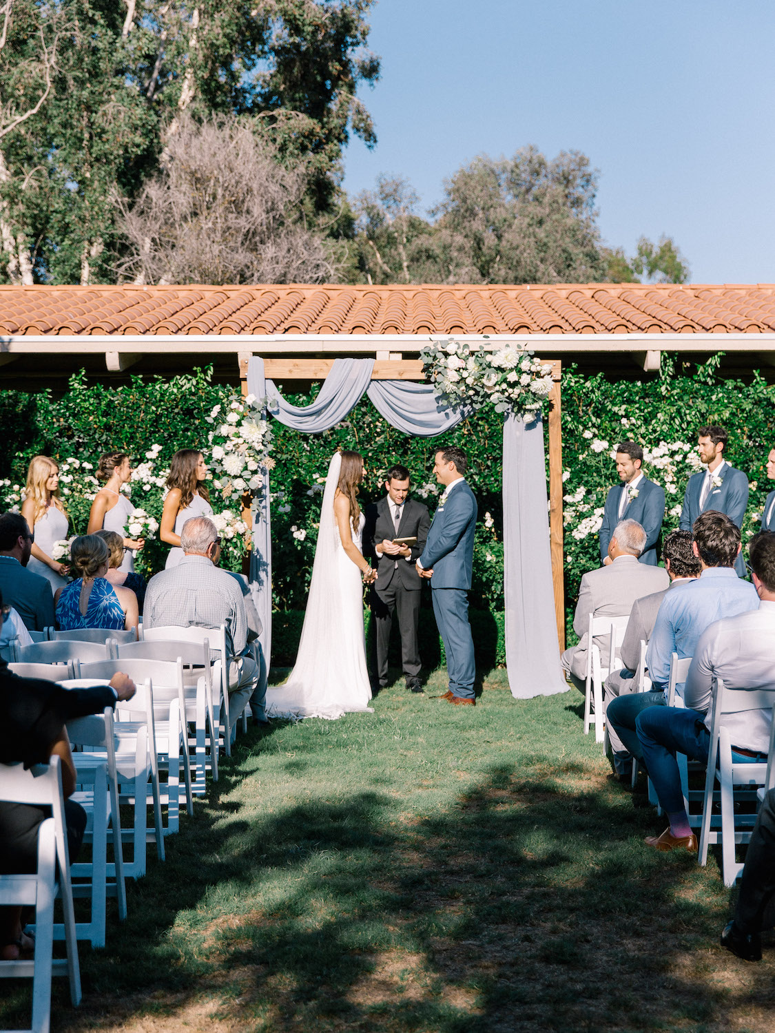 Fabric draped wood ceremony arch | Rancho Bernardo Inn | Compass Floral | Wedding Florist in San Diego and Southern California | Dear Lovers Photography