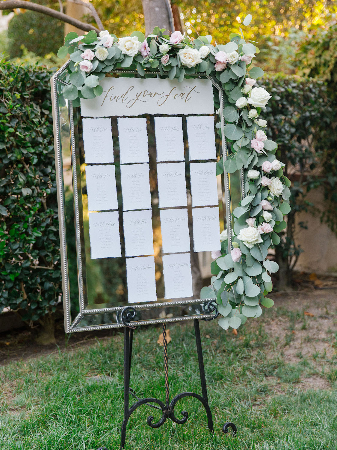 Mirror escort card with floral garland | Rancho Bernardo Inn | Compass Floral | Wedding Florist in San Diego and Southern California | Dear Lovers Photography