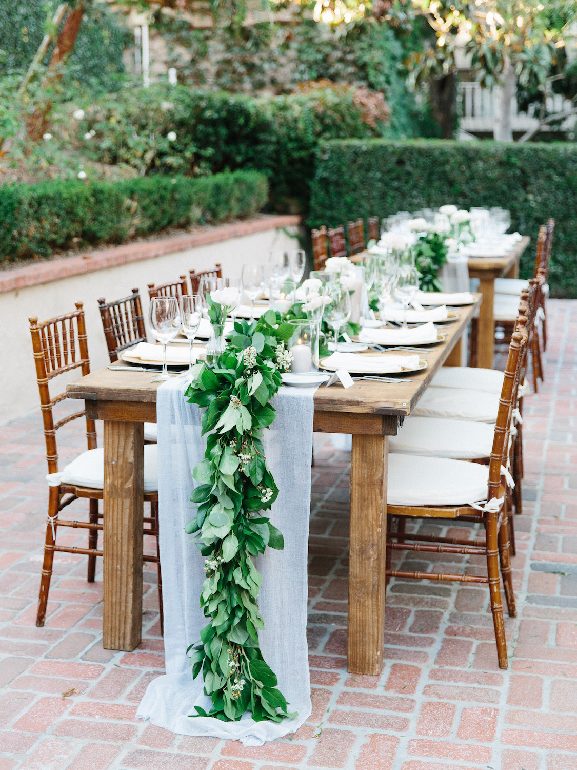 Long table garland with light blue runner for wedding reception | Rancho Bernardo Inn | Compass Floral | Wedding Florist in San Diego and Southern California | Dear Lovers Photography