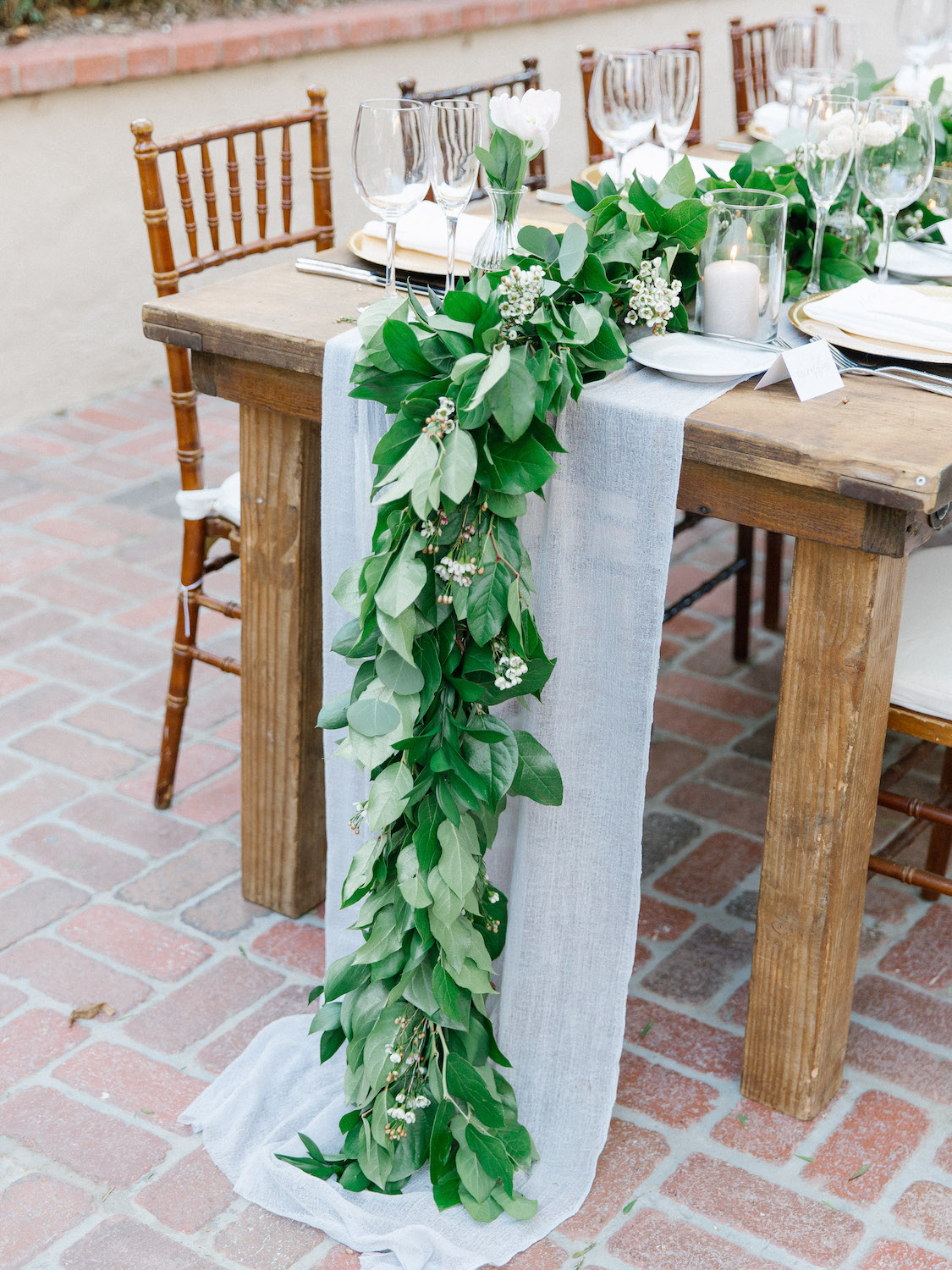 Long table garland with light blue runner wedding centerpiece | Rancho Bernardo Inn | Compass Floral | Wedding Florist in San Diego and Southern California | Dear Lovers Photography