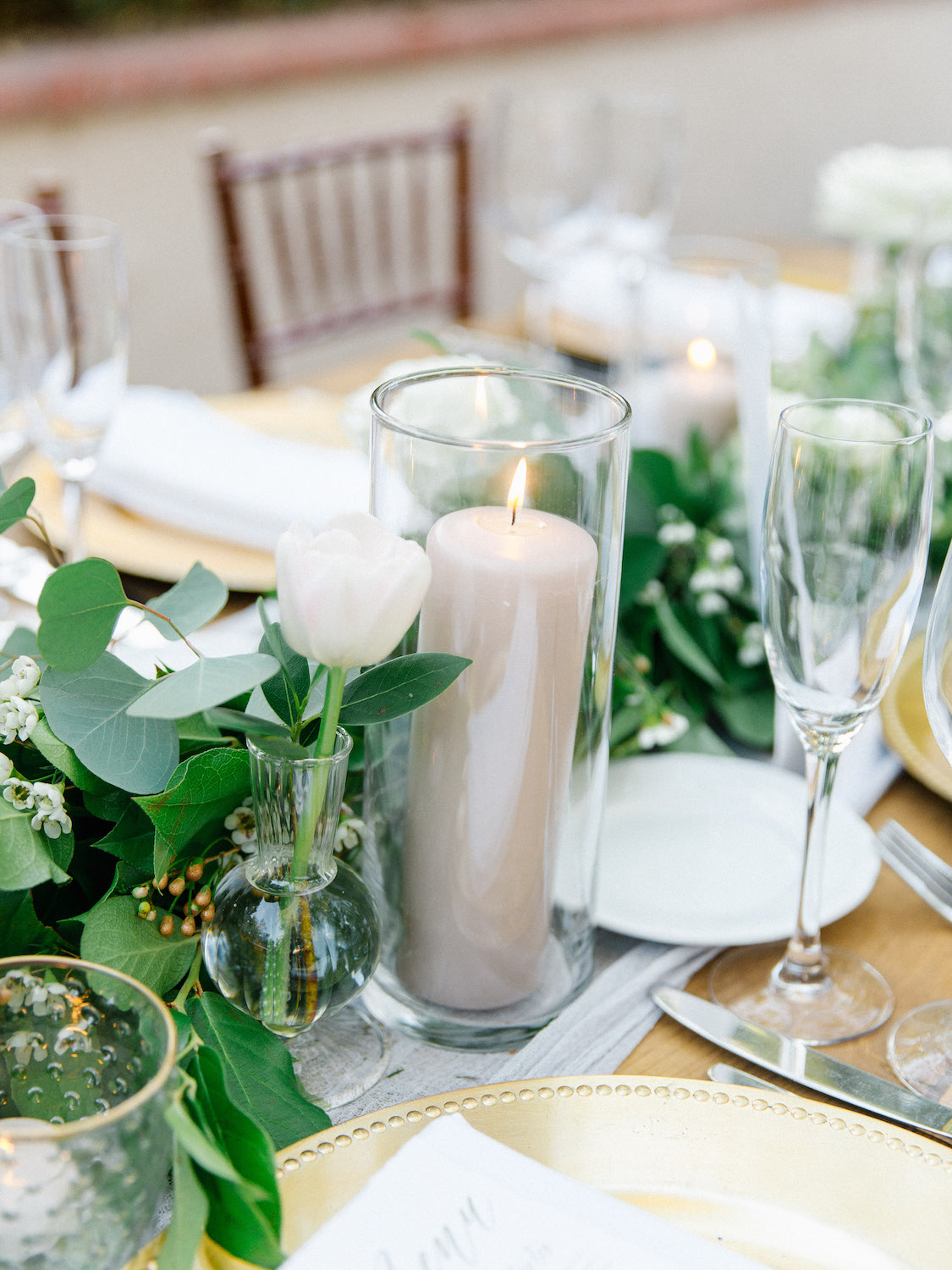 Garland and pillar candle wedding centerpiece | Rancho Bernardo Inn | Compass Floral | Wedding Florist in San Diego and Southern California | Dear Lovers Photography