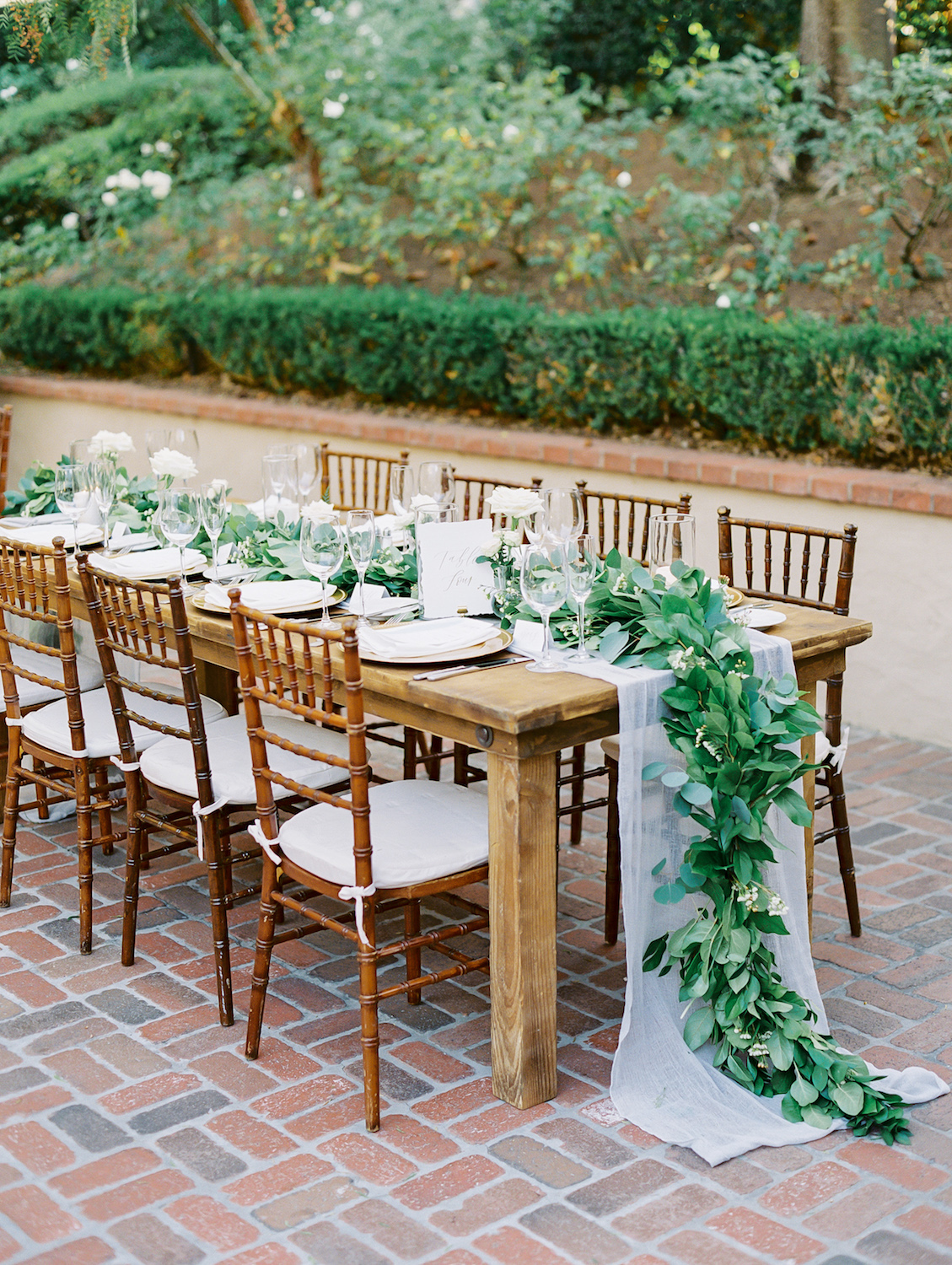 Green garland centerpiece for farm table | Rancho Bernardo Inn | Compass Floral | Wedding Florist in San Diego and Southern California | Dear Lovers Photography