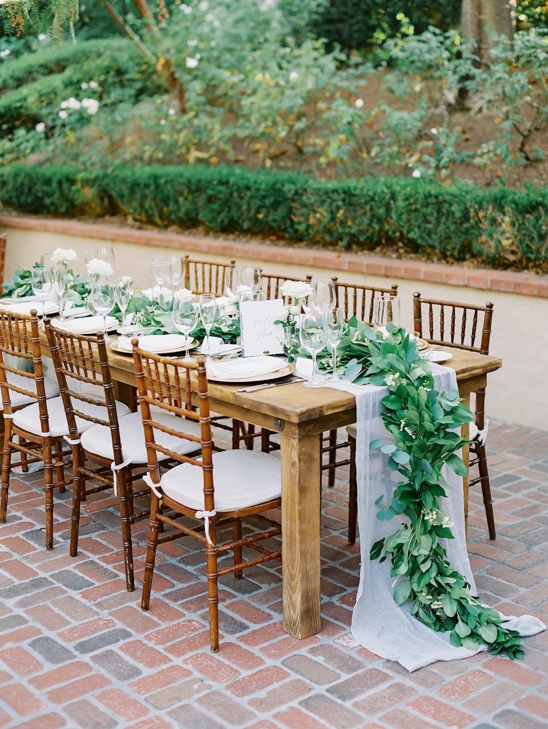 Green garland centerpiece for farm table | Rancho Bernardo Inn | Compass Floral | Wedding Florist in San Diego and Southern California | Dear Lovers Photography