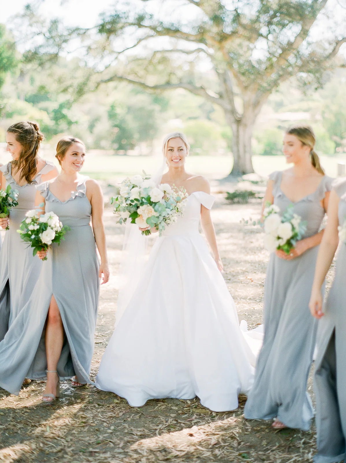 Bridesmaids in gray with lush white & green bouquets | Rancho Santa Fe Golf Club | Compass Floral | Wedding Florist in San Diego and Southern California | Rachael McCall Photography