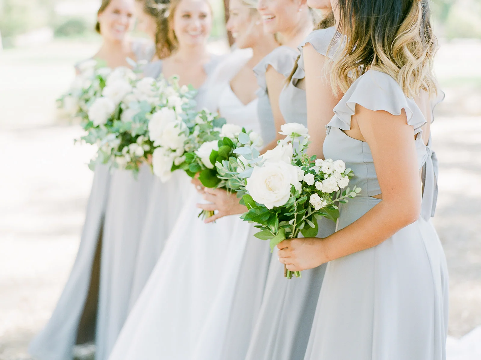 Bridesmaids in gray with lush white & green bouquets | Rancho Santa Fe Golf Club | Compass Floral | Wedding Florist in San Diego and Southern California | Rachael McCall Photography