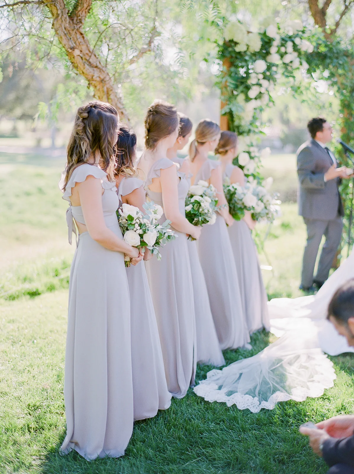 Bridesmaids in gray with lush white & green bouquets | Rancho Santa Fe Golf Club | Compass Floral | Wedding Florist in San Diego and Southern California | Rachael McCall Photography