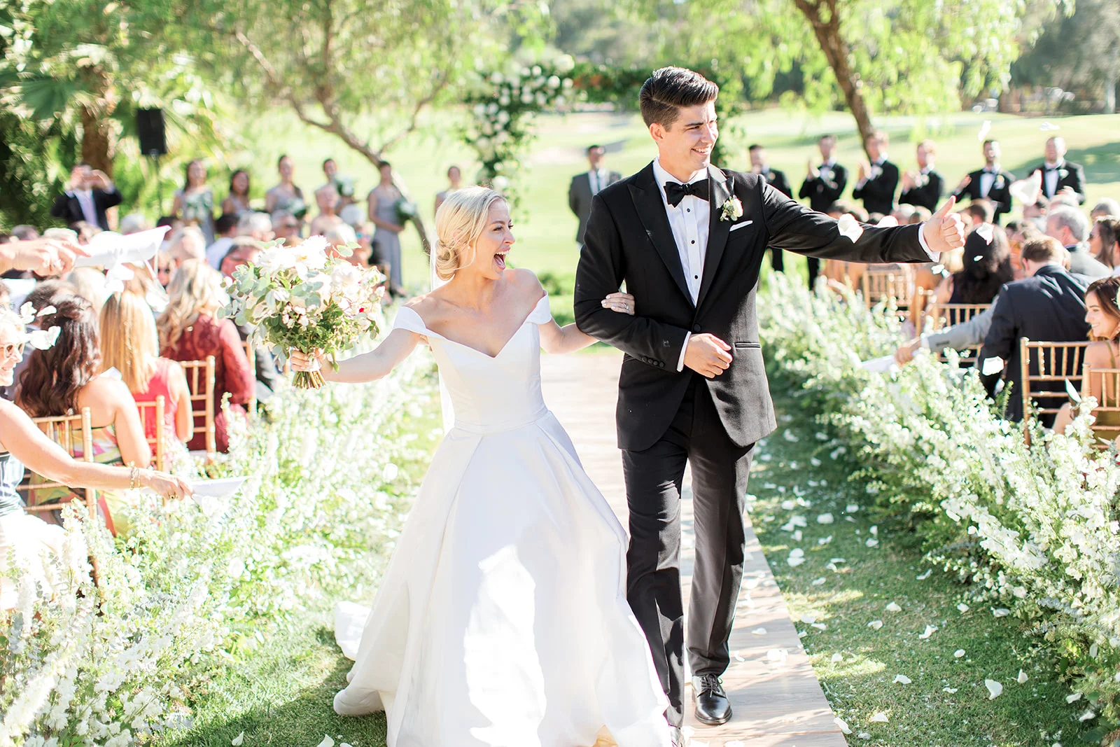 Outdoor wedding ceremony, flower lined aisle | Rancho Santa Fe Golf Club | Compass Floral | Wedding Florist in San Diego and Southern California | Rachael McCall Photography