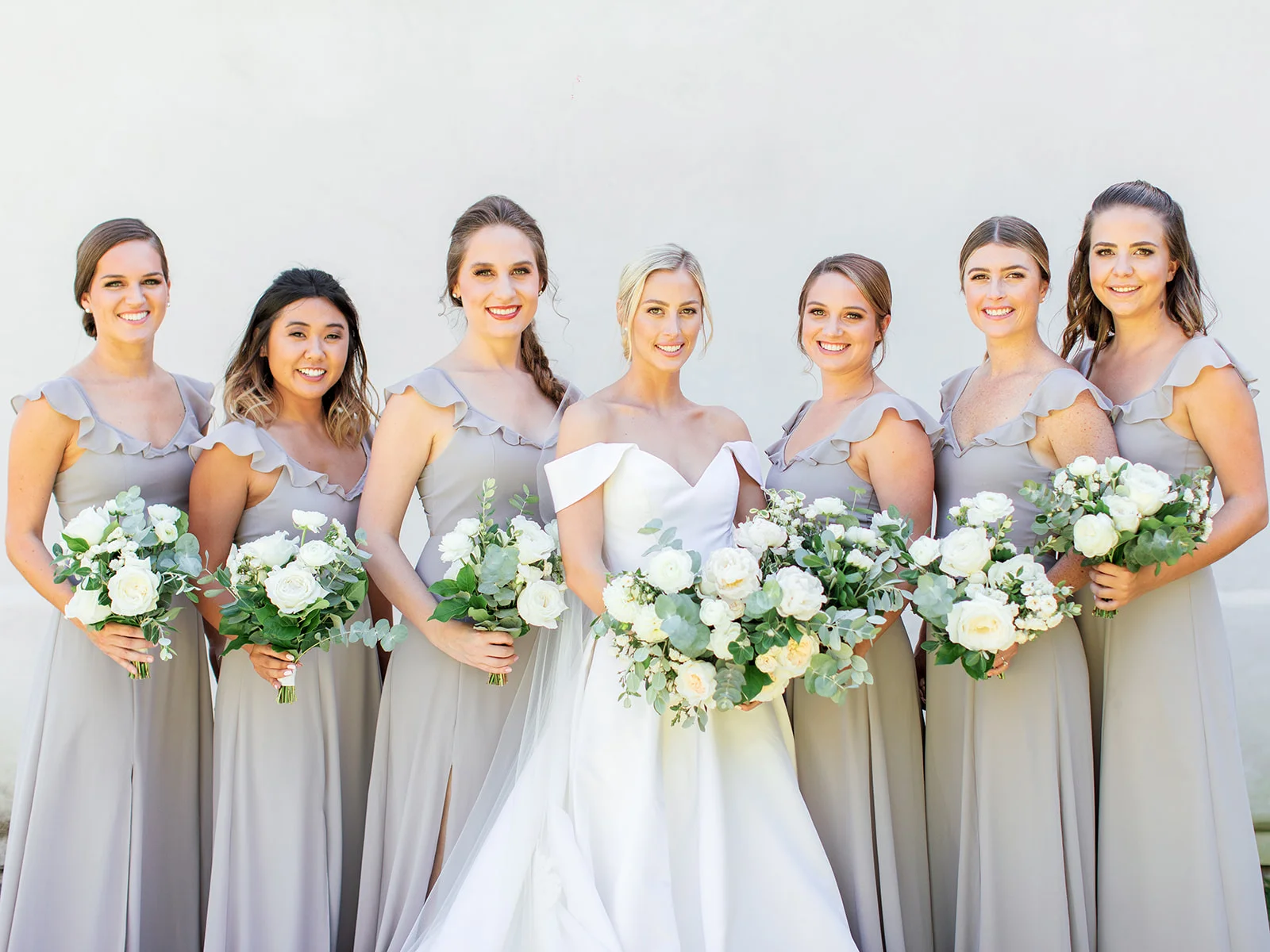 Grey bridesmaid dresses, white bouquets | Rancho Santa Fe Golf Club | Compass Floral | Wedding Florist in San Diego and Southern California | Rachael McCall Photography
