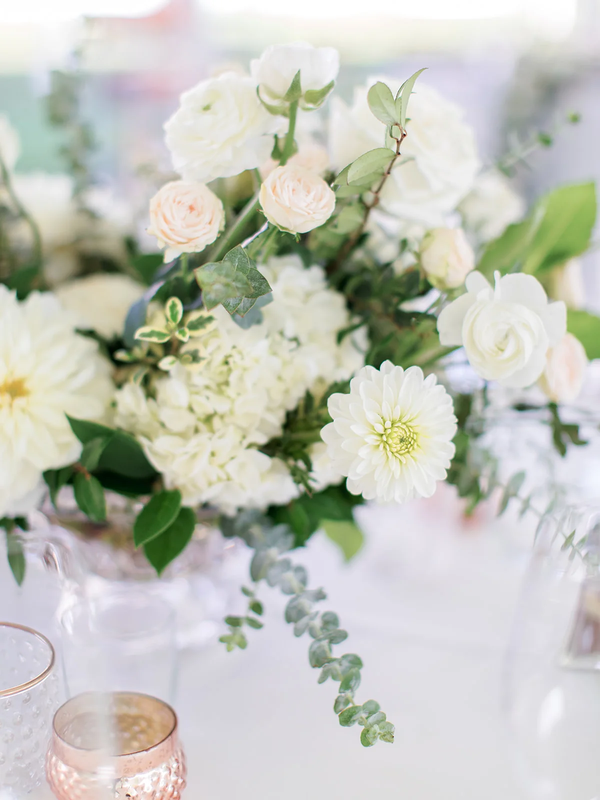 Dahlia, hydrangea, rose ranunculus wedding centerpiece | Rancho Santa Fe Golf Club | Compass Floral | Wedding Florist in San Diego and Southern California | Rachael McCall Photography
