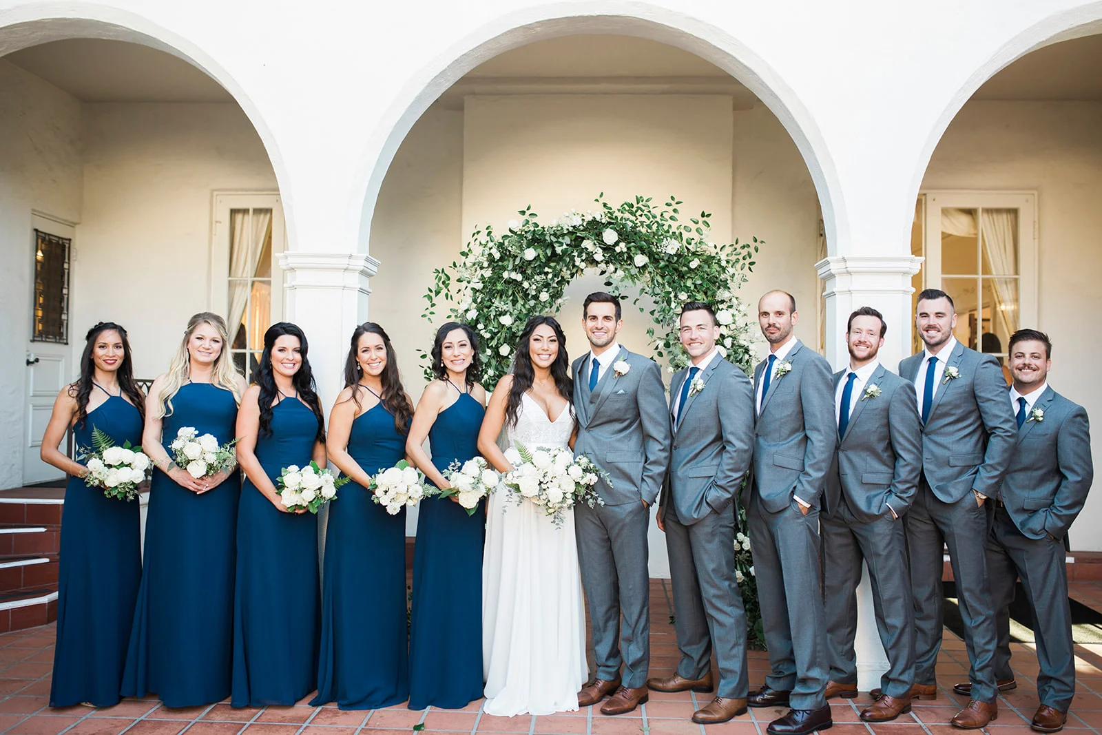 Bridesmaids in blue, groomsmen in gray, elegant wedding | Darlington House, La Jolla | Compass Floral | Wedding Florist in San Diego and Southern California | My Sun and Stars Co. Photography