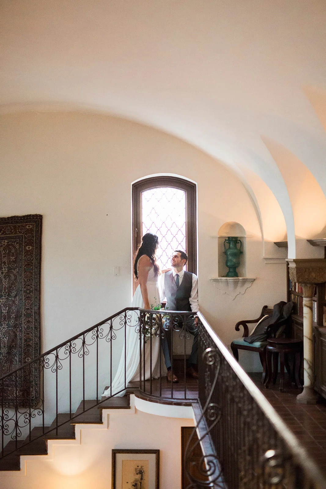 Stairway bride and groom portrait | Darlington House, La Jolla | Compass Floral | Wedding Florist in San Diego and Southern California | My Sun and Stars Co. Photography