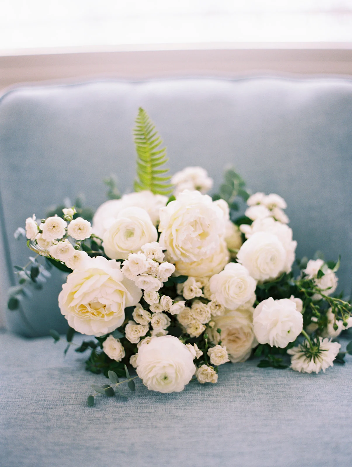 White rose and ranunculus bridal bouquet with fern, eucalyptus | Darlington House, La Jolla | Compass Floral | Wedding Florist in San Diego and Southern California | My Sun and Stars Co. Photography