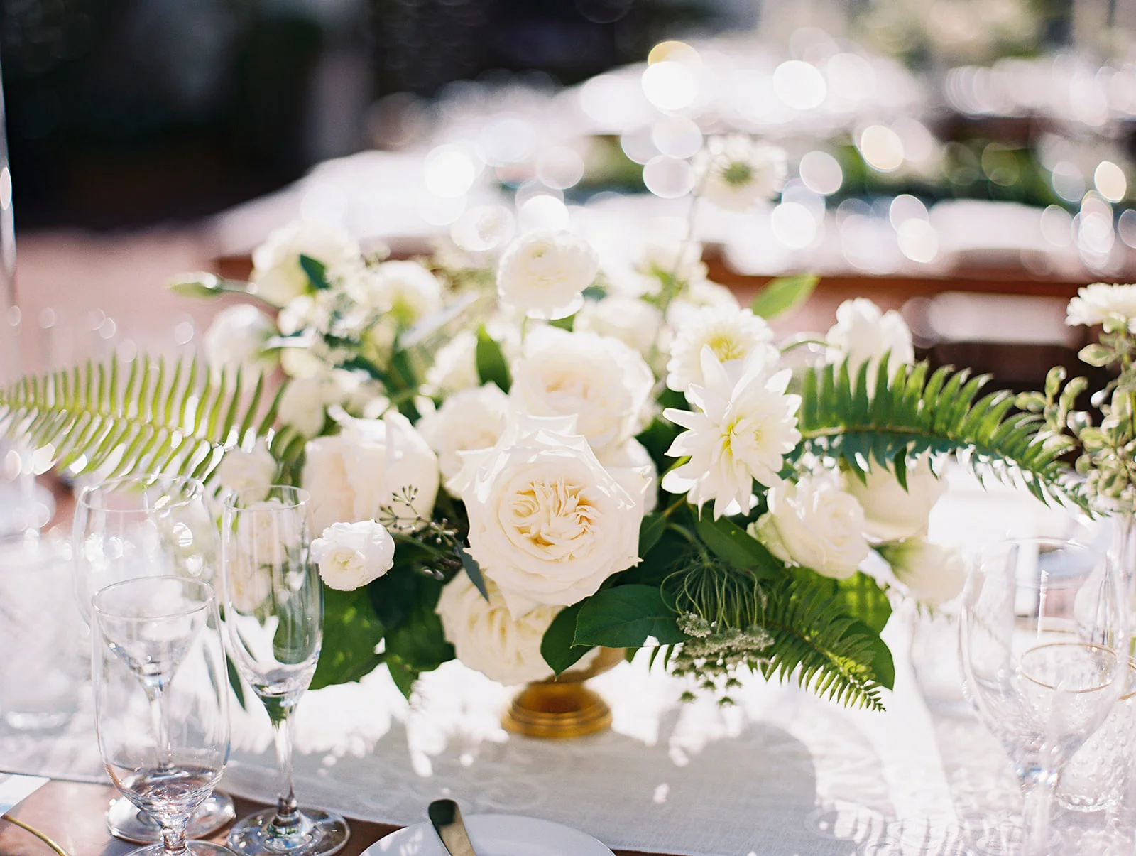 Elegant white centerpiece, rose, dahlia, ranunculus, fern | Darlington House, La Jolla | Compass Floral | Wedding Florist in San Diego and Southern California | My Sun and Stars Co. Photography