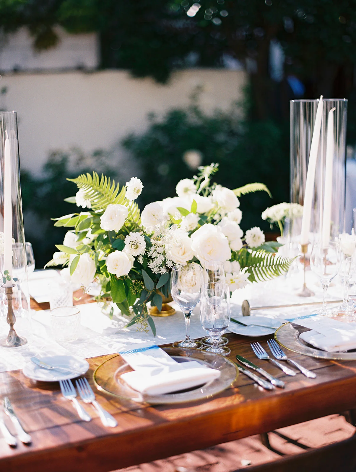 Elegant white centerpiece, rose, dahlia, ranunculus, fern | Darlington House, La Jolla | Compass Floral | Wedding Florist in San Diego and Southern California | My Sun and Stars Co. Photography