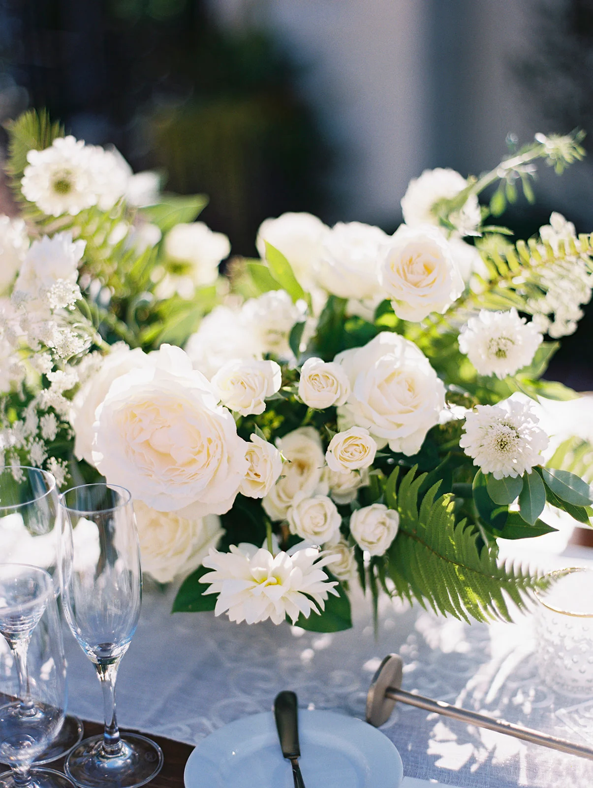 Elegant white centerpiece, rose, dahlia, ranunculus, fern | Darlington House, La Jolla | Compass Floral | Wedding Florist in San Diego and Southern California | My Sun and Stars Co. Photography