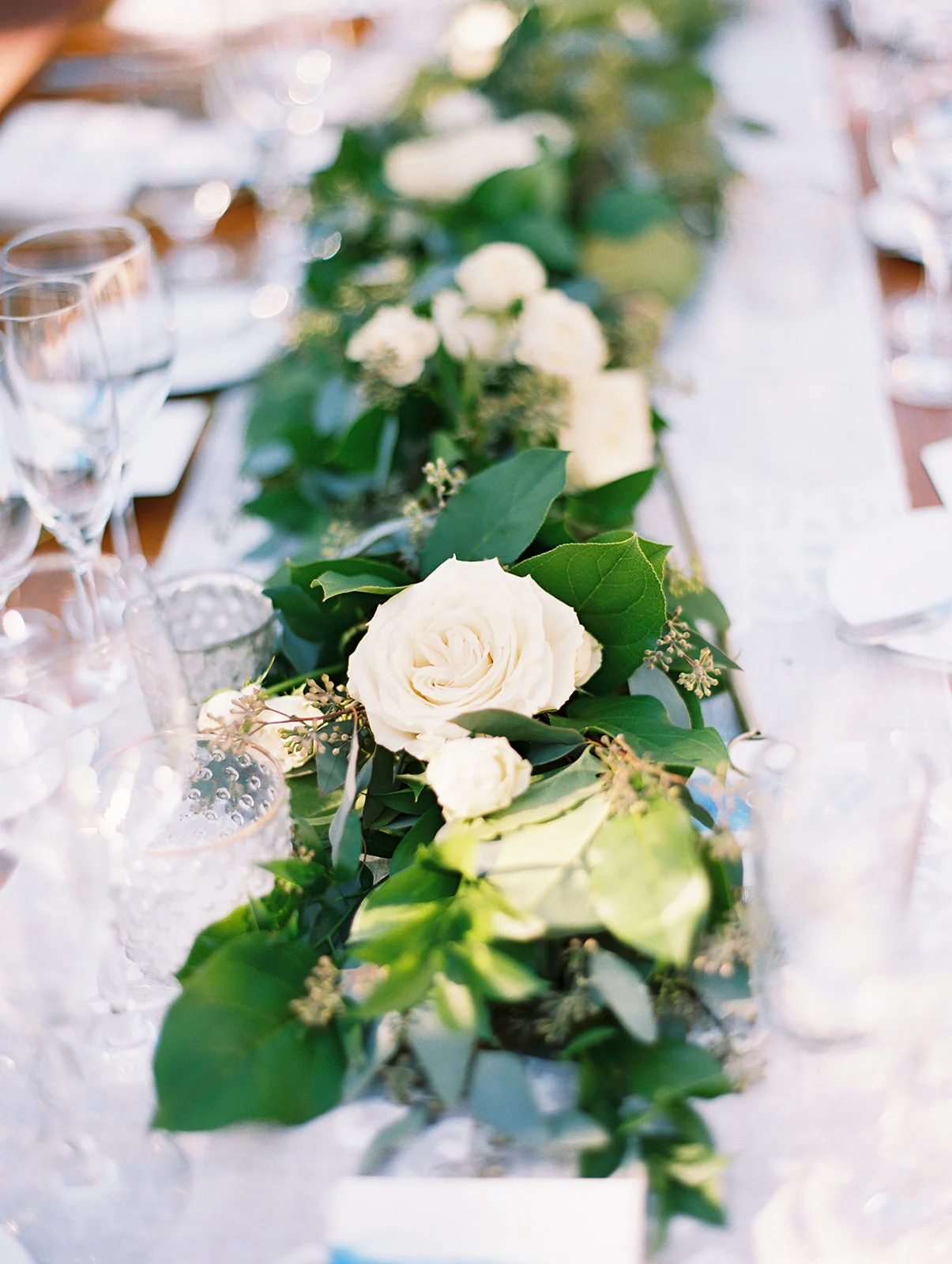 Green garland wedding centerpiece with white flowers | Darlington House, La Jolla | Compass Floral | Wedding Florist in San Diego and Southern California | My Sun and Stars Co. Photography