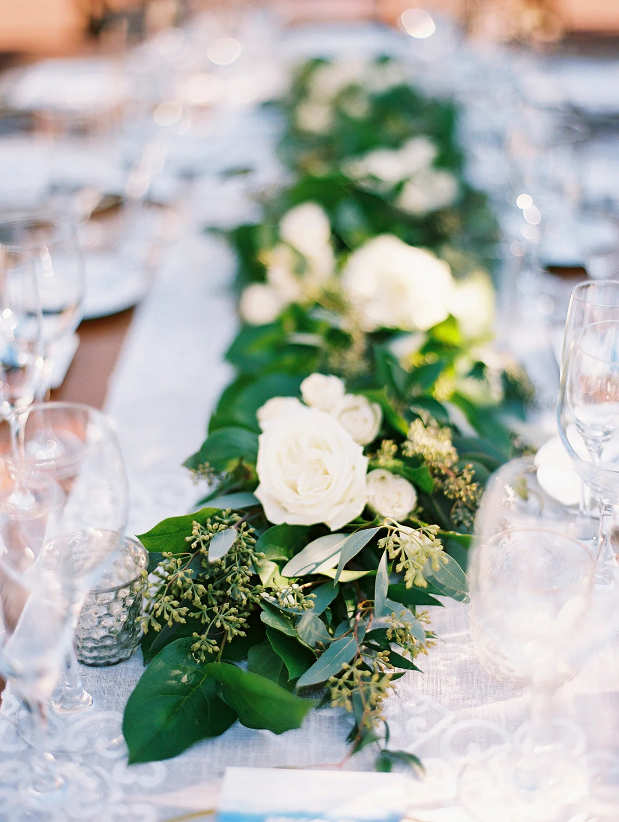 Green garland wedding centerpiece with white flowers | Darlington House, La Jolla | Compass Floral | Wedding Florist in San Diego and Southern California | My Sun and Stars Co. Photography