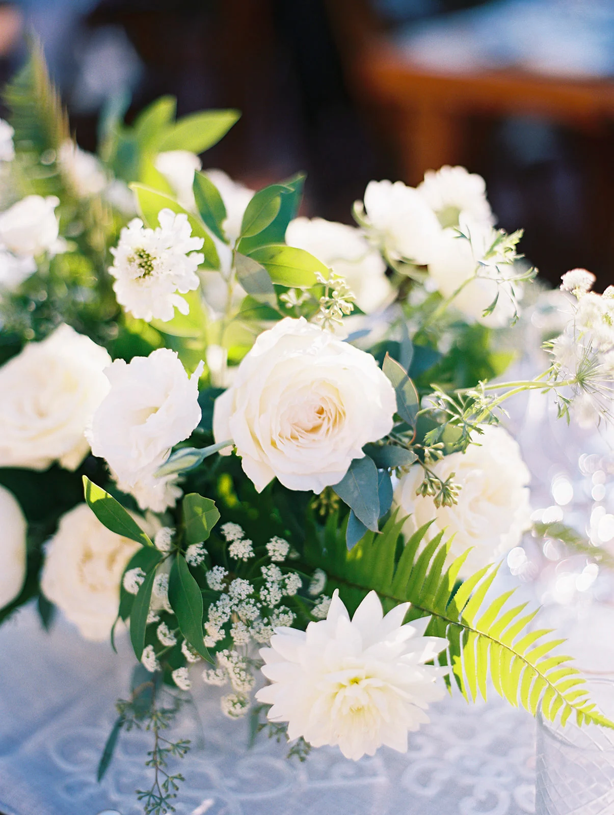 Elegant white centerpiece, rose, dahlia, ranunculus, fern | Darlington House, La Jolla | Compass Floral | Wedding Florist in San Diego and Southern California | My Sun and Stars Co. Photography