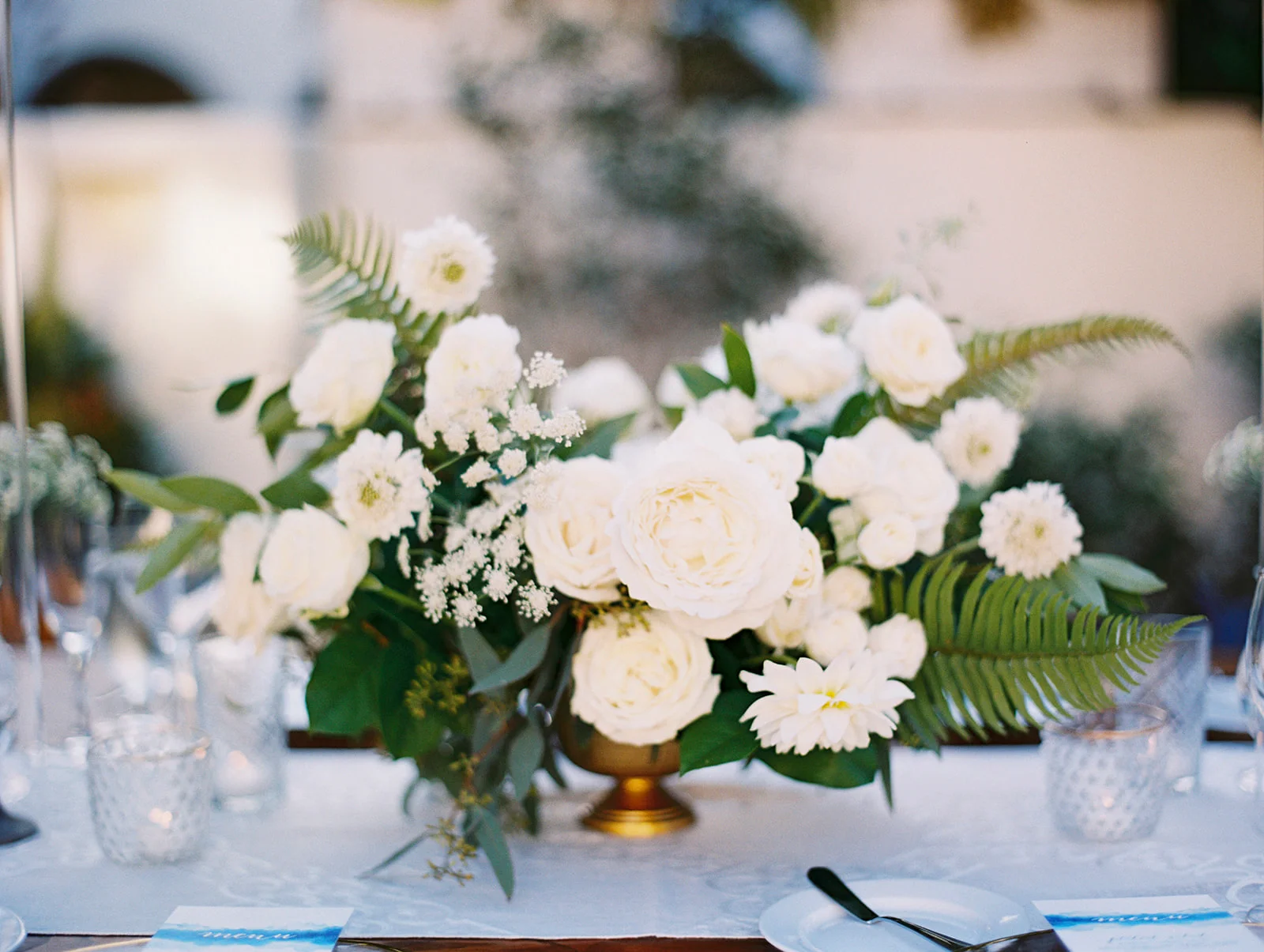 Elegant white centerpiece, rose, dahlia, ranunculus, fern | Darlington House, La Jolla | Compass Floral | Wedding Florist in San Diego and Southern California | My Sun and Stars Co. Photography