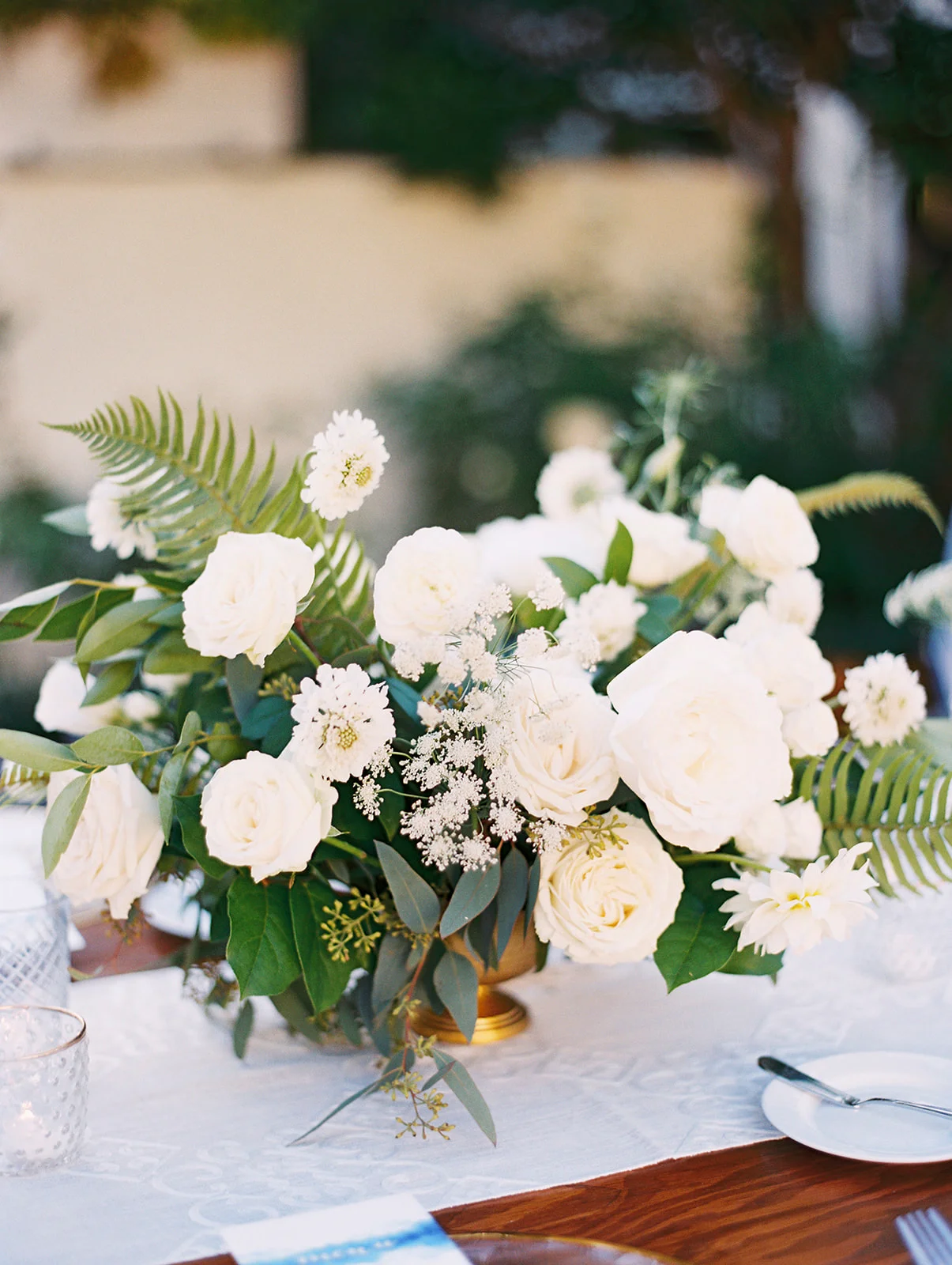 Elegant white centerpiece, rose, dahlia, ranunculus, fern | Darlington House, La Jolla | Compass Floral | Wedding Florist in San Diego and Southern California | My Sun and Stars Co. Photography
