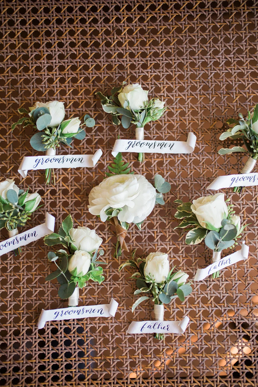 Simple white rose and ranunculus boutonnieres | Darlington House, La Jolla | Compass Floral | Wedding Florist in San Diego and Southern California | My Sun and Stars Co. Photography